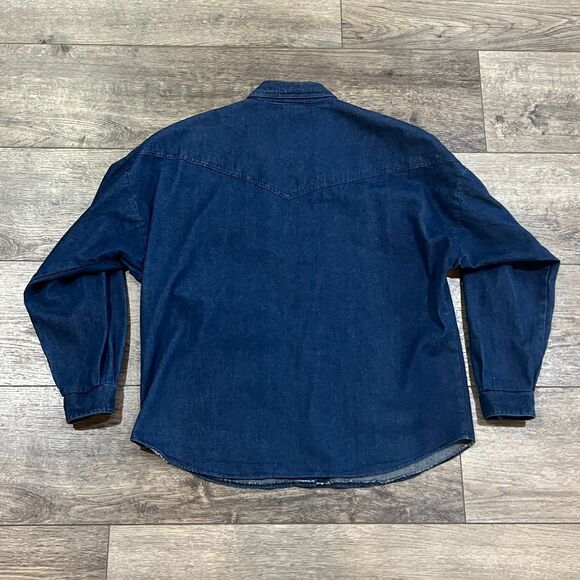 Vintage Roughrider by Circle T Denim Shirt Leather Pocket Tassles USA Made Large - Picture 5 of 7